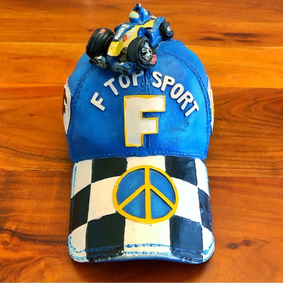Vintage Rear F1 Car On Top Blue Cap with Black & White Checkered Coin Piggy Tank - Picture 11 of 12